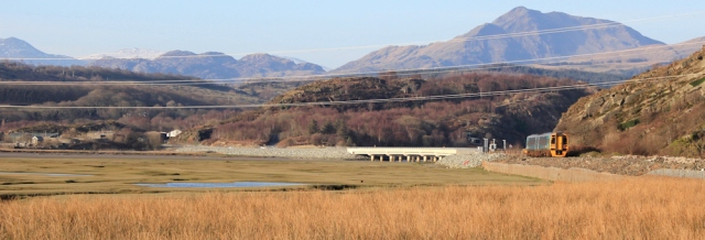 28 train going to new bridge, Ruth on Wales Coast Path